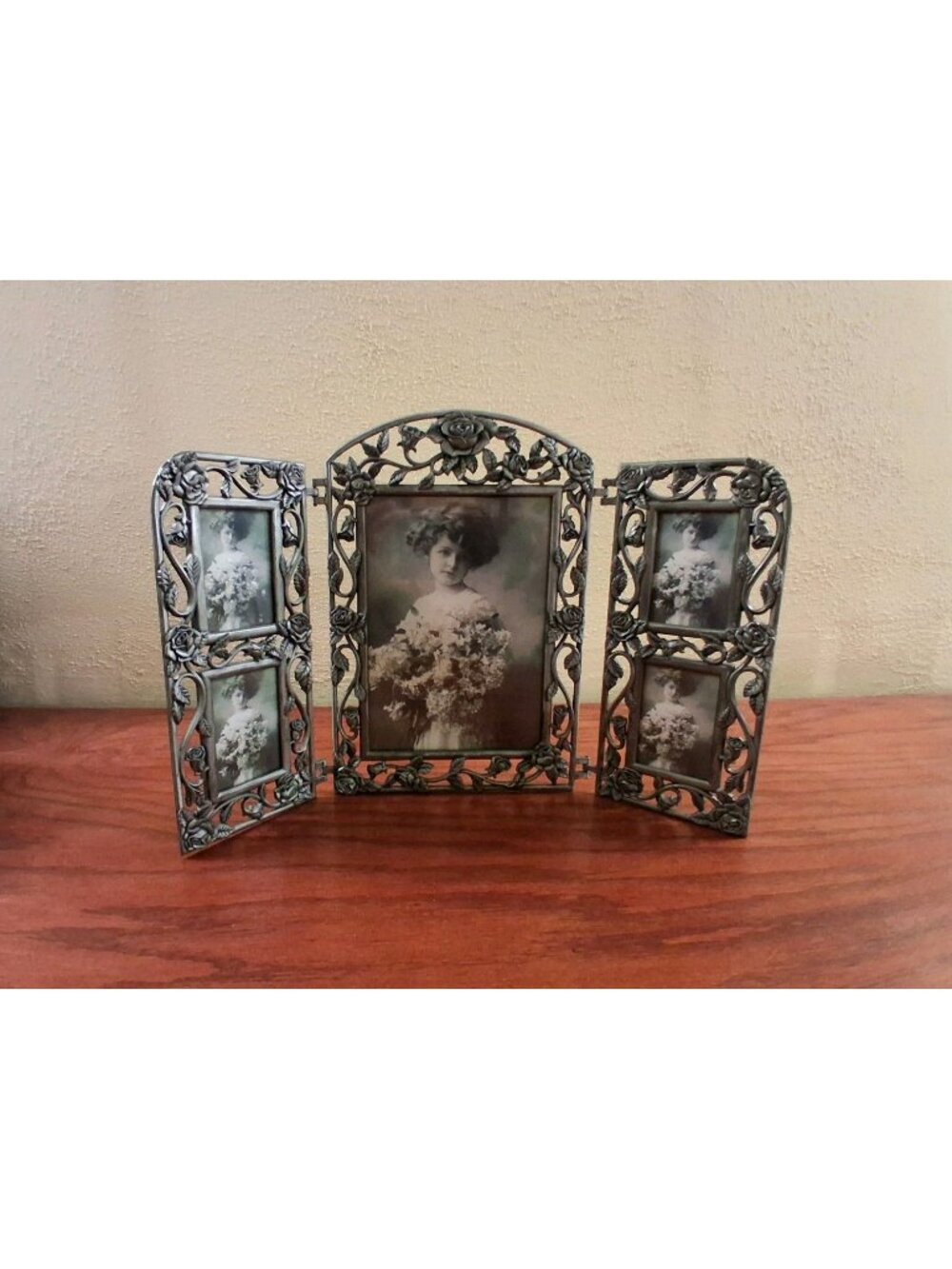 Frame Silver Pewter Victorian Style Trifold Rose Holds 5 Photos 5x7 & 2x3s Vtg